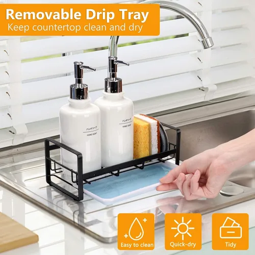 Vista 3 de FANGSUN Soporte de esponja grande para fregadero de cocina, organizador de fregadero de acero inoxidable 304 con bandeja de goteo extraíble, soporte