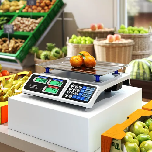 Vista 9 de Giantex Báscula de cálculo de precios 66 lb/30 kg, báscula comercial recargable de alimentos con pantalla LCD doble, plataforma de acero inoxidable