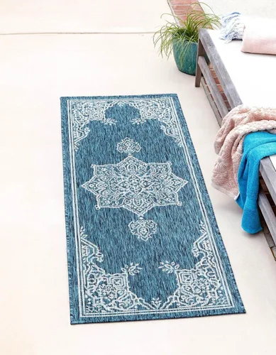 Vista 14 de Unique Loom Alfombra de la colección tradicional para exteriores, antigua (4 pies 1 pulgada, redonda, verde azulado/gris)