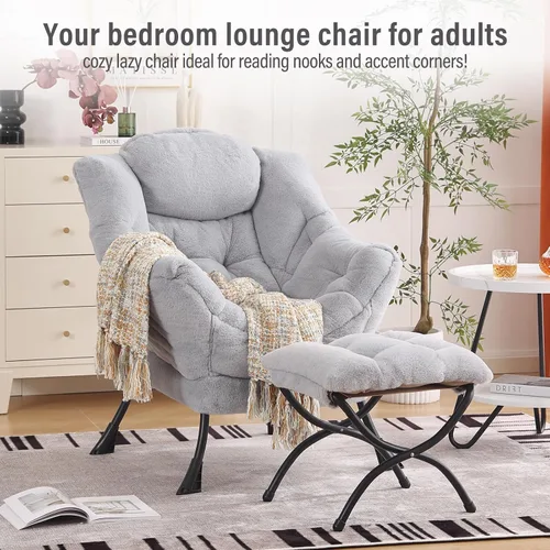 Vista 3 de Furlide - Silla perezosa con otomana, cómoda silla de lectura para dormitorio, color gris Gris ceniza