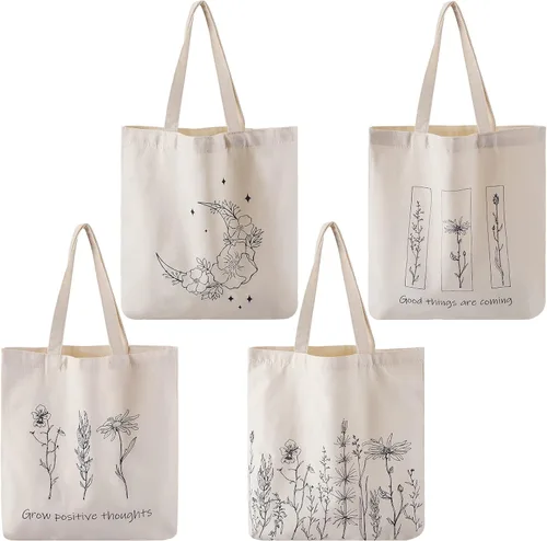 Vista 8 de Reginary 4 bolsas de lona para mujer, bolsas de lona para compras, estéticas, reutilizables, para comestibles, regalos (artístico)