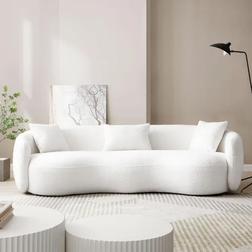 Vista 23 de WILLIAMSPACE Sofá curvado de 101 pulgadas, moderno sofá boucle tapizado de gran tamaño con 4 almohadas, sofá de peluche de 4 asientos para sala
