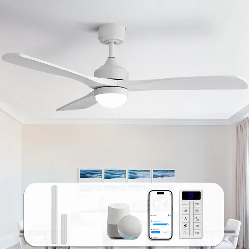Vista 12 de Sofucor Ventilador de techo de madera maciza de 52 pulgadas, ventilador de techo de montaje empotrado y varilla descendente con luces y control