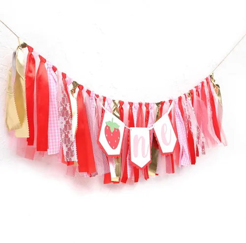 Vista 7 de Decoraciones de fiesta de fresa para primer cumpleaños, cartel de fresa para silla de bebé para accesorios de cabina de fotos y telón de fondo