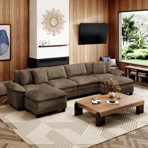 Vista 52 de Sofá seccional en forma de U de 123 pulgadas con cojines tipo nube, juego de sofá modular de asiento profundo con 5 asientos y 2 otomanos, brazos