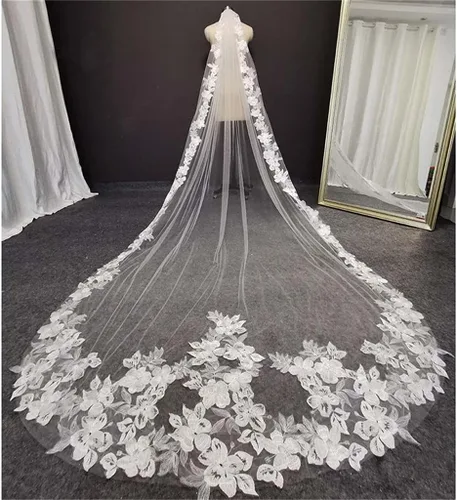 Vista 4 de HOUKAI JIAMEI - Velo de novia con peine, accesorios de boda de encaje floral, 9.8ft, 1 capa, suave, tul, iglesia