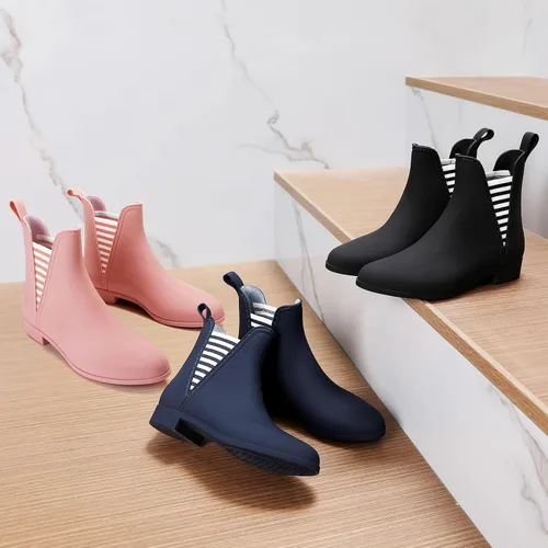 Vista 8 de Hsttgsr Botas de lluvia para mujer, cómodas botas de goma cortas antideslizantes, elegantes botines elásticos de tacón medio para jardín