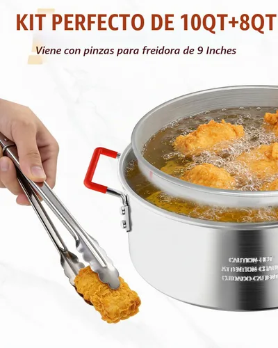 Vista 4 de Freidora de pescado 10QT con canasta, tapa y pinzas, olla de aluminio Olla con termómetro, para pescado, alas de pollo y papas fritas, solo llama