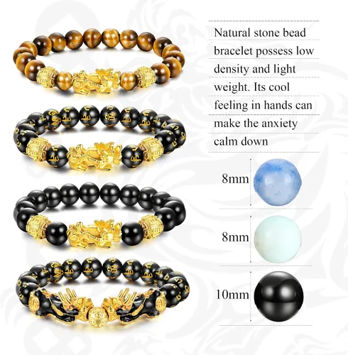 Vista 2 de sailimue Juego de 6 pulseras Feng Shui Pixiu de buena suerte para hombres y mujeres, pulsera de cuentas de ojo de tigre de piedra natural, pulsera
