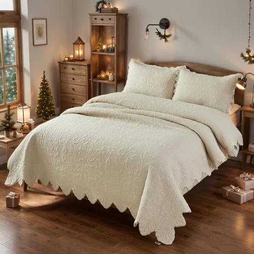 Vista 8 de Brandream - Juego de edredones beige, tamaño Queen y King, juego de ropa de cama de estilo rústico, algodón, colcha acolchada con borde festoneado