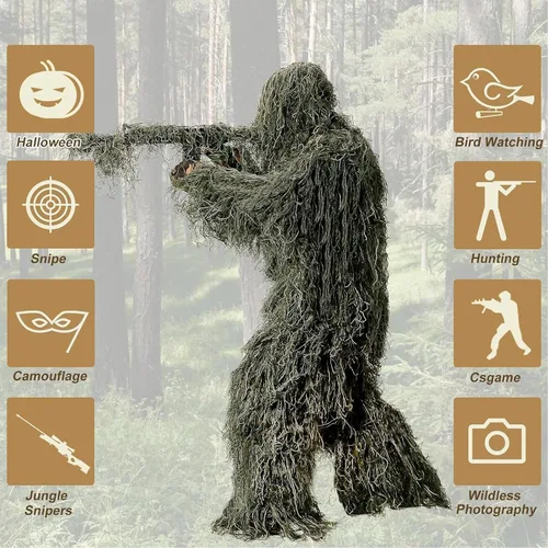 Vista 8 de DoCred Traje Ghillie 5 en 1, ropa de caza de camuflaje 3D con chaqueta, pantalones, capucha, bolsa de transporte para adultos/jóvenes, S/M/L/XL/XXL
