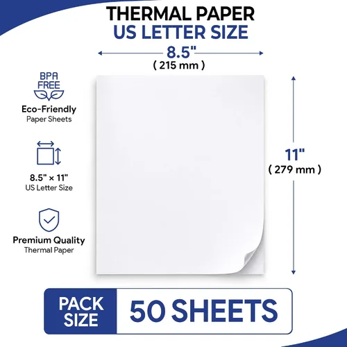 Vista 2 de 50 hojas de papel térmico para impresora térmica de 8.5 x 11 pulgadas