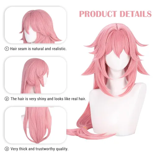 Vista 2 de Rosa Yae Miko Peluca Cosplay ropa peluca Anime sintético con gorra de peluca (Yae Miko)