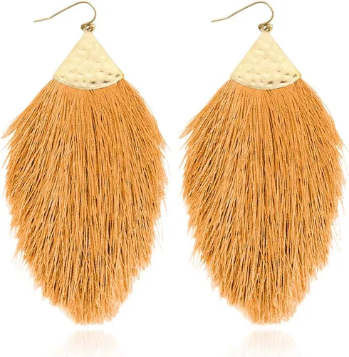 Vista 30 de Aretes bohemios de hilo sedoso con flecos y borlas – Ligeros, colgantes, con hebras y forma de pluma Fleco de plumas - Azul Aqua