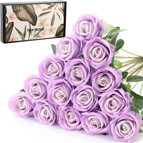 Vista 18 de 12 rosas artificiales de terciopelo sintético para decoración del hogar y boda (rosa perla, negro)