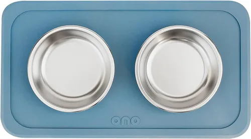 Vista 3 de Ono Good Bowl - Comedero doble para alimentos y agua, tapete de silicona antideslizante para mascotas pequeñas a medianas y cuencos de acero