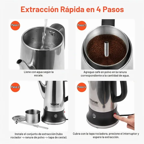 Vista 7 de VEVOR Cafetera Eléctrica de 12 Tazas con Percolador, Cafetera de Acero Inoxidable 304 con Función de Mantenimiento en Calor y Mango Resistente al