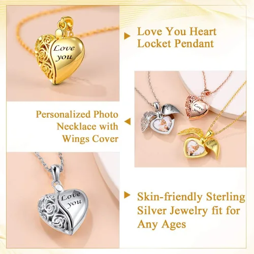 Vista 4 de Custom4U Collar de medallón personalizado para mujer, collar de medallón de corazón de plata que sostiene la imagen, cadena conmemorativa de 16 a 22