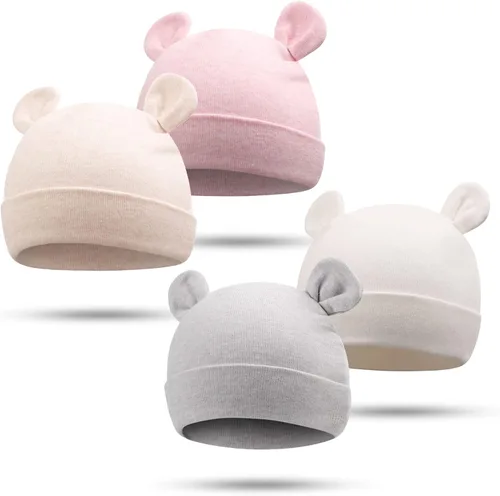 Vista 7 de Bamery Gorro de hospital para niñas recién nacidas, grueso, lindo, oso, de algodón, para 0-6 meses Blanco+albaricoque Rosa+púrpura+gris