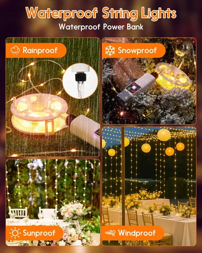 Vista 5 de Anpro Luces de Cadena para Exteriores e Interiores: 66 Pies 200 LED Luces de Cadena Recargables para Exteriores, Recogida Rápida, Luces de Camping
