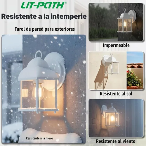 Vista 3 de LIT-PaTH Farol de pared para exteriores, aplique de pared como accesorio de iluminación de porche, base E26, carcasa de aluminio más vidrio Blanco