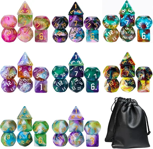 Vista 11 de Juego de dados de 7 dados poliédricos DND rojo mezclado con negro, dados D&D con bolsa de cuero para juegos de rol Mezcla roja negra