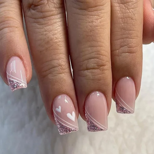 Vista 16 de Uñas postizas verdes a presión - Uñas falsas cortas cuadradas con purpurina dorada y diseños de remolino, acabado brillante, uñas postizas acrílicas