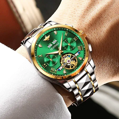 Vista 7 de OUPINKE Relojes automáticos para hombre, con esqueleto de diamante, cuerda automática, reloj de pulsera de lujo, cristal de zafiro, acero