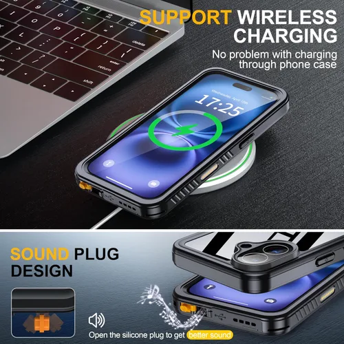 Vista 6 de ANTSHARE Funda impermeable IP68 para iPhone 16, negro/transparente Lente incorporada/protector de pantalla, protección militar contra caídas, funda