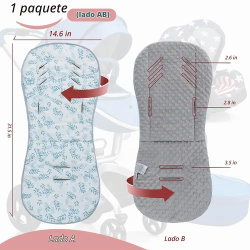 Vista 2 de Cojín para cochecito de bebé, suave Minky punteado e impreso, reversible, universal, transpirable y suave, inserto de asiento de automóvil infantil