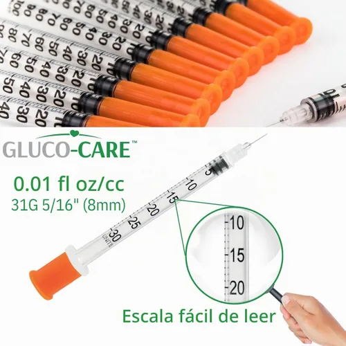 Vista 5 de GLUCO-CARE - Jeringas de 0.3 ml/cc, 30G x 5/16’’ (8mm), tapa naranja, 100/caja