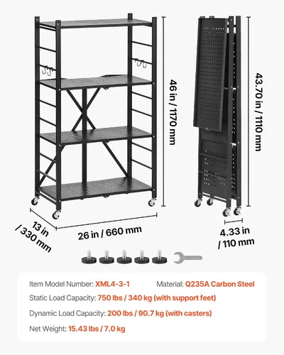 Vista 3 de VEVOR Estantería plegable de 4 niveles, estante de almacenamiento de metal plegable de 26 pulgadas de ancho x 13 pulgadas de profundidad x 46