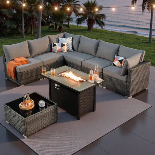 Vista 40 de ovios Juego de muebles de patio al aire libre de 5 piezas con mesa de café, conjunto seccional de muebles de patio con sofá de mimbre para todo tipo