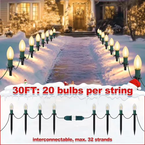 Vista 6 de USOKYO 20 bombillas LED C9 de 30 pies, luces LED de Navidad para exteriores, bombillas LED blancas cálidas, impermeables, conectables, luces
