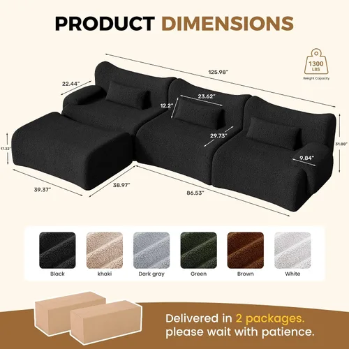 Vista 2 de Sofá modular modular de 126 pulgadas en forma de L para sala de estar, sofá modular de gran tamaño con asientos profundos, sofás modernos con Negro