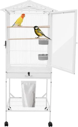 Vista 12 de Jaula grande para pájaros, jaulas movibles para pájaros con ruedas, 4 ventanas de alimentación, bandeja deslizante, aviario panorámico para pájaros