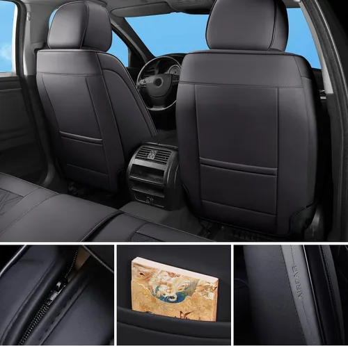 Vista 3 de Juego completo de 5 fundas de asiento de automóvil, fundas de asiento impermeables de cuero para autos, SUV, camiones, transpirables
