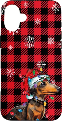 Vista 23 de iPhone 16 Dachshund Christmas Phone Case Red Plaid Pattern Christmas Lights Case