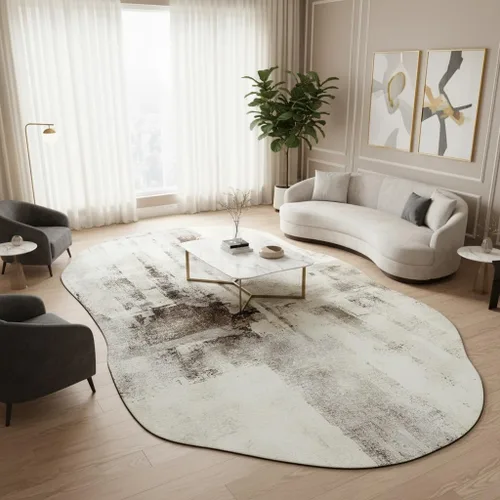 Vista 3 de Alfombra moderna con forma abstracta beige para sala de estar, dormitorio, comedor, contemporánea, lavable, de 2 x 3 pulgadas, decoración