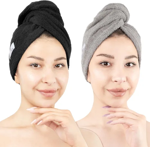 Vista 12 de American Soft Linen Toallas de pelo 100 % algodón para mujer, gorro de toalla de pelo, turbante de algodón para cabello largo y rizado Beige