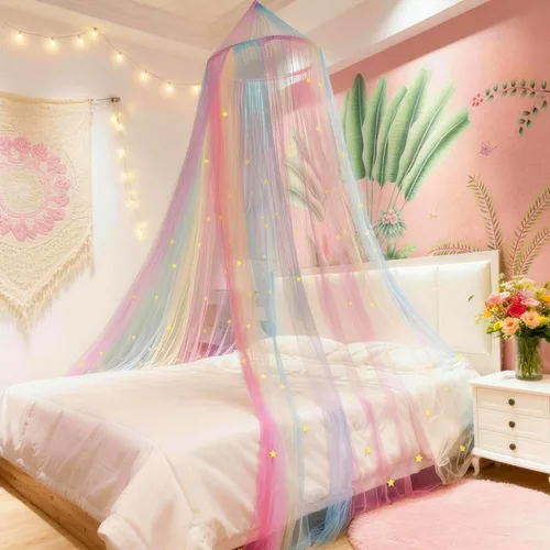 Vista 8 de Dosel de Cama Arcoíris para Niñas Red Mosquitera, Instalación Fácil Dosel de Princesa para Decoración de Dormitorio de Niños