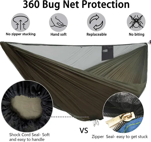 Vista 5 de OneWind Hamaca portátil para acampar de 11 pies con mosquitera, hamaca doble Ridgeline ajustable con correas de árbol de 2 x 12 pies, color marrón