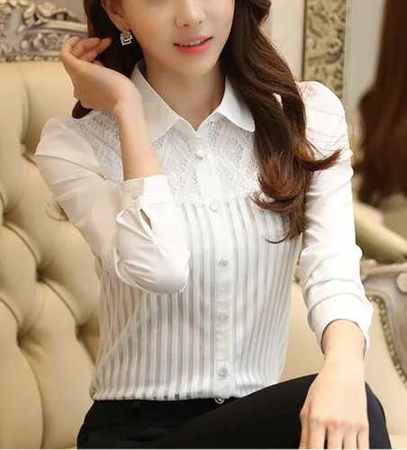 Vista 4 de Blusa estilo vintage con manga larga de encaje elástico con cuello de botón para mujer