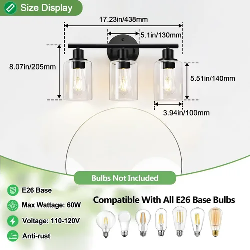 Vista 6 de Zarbitta 3-Light Bathroom Light Fixtures, 17.23" Black Modern Vanity Lights with Clear Glass Shade, Bathroom Wall Lamp for Mirror Kitchen Living