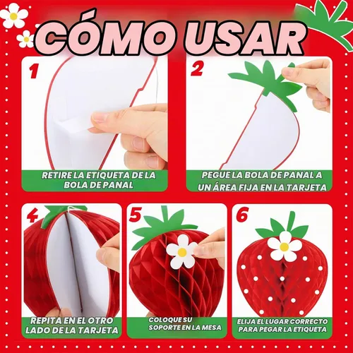 Vista 5 de WILLBOND 9 piezas de decoración de fiesta de fresa, bolas de panal de fresa, recuerdos de cumpleaños, centros de mesa de bayas, papel de seda