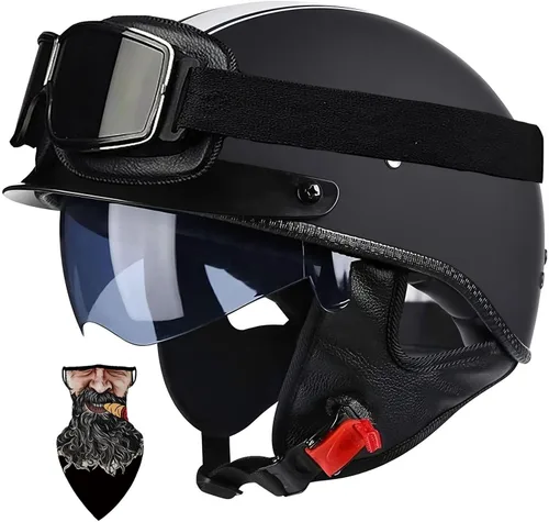 Vista 15 de Casco Moto Retro Vintage Jet Medio para Hombre y Mujer Adultos, DOT Homologado, Ventilación Dual, Visera Retráctil y Desmontable, Apto para Patinete