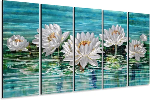 Vista 10 de Yihui Arts Arte de pared de flores de metal plateado, 5 piezas de arte de aluminio, escultura botánica contemporánea para sala de estar, dormitorio