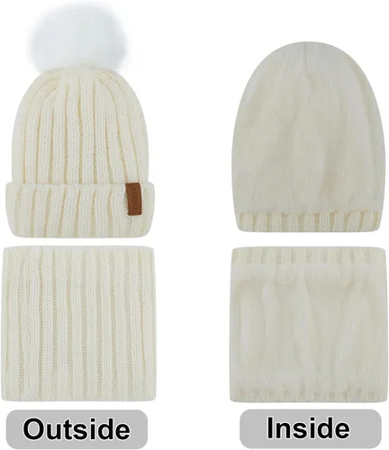 Vista 3 de Gorro de invierno para mujer, bufanda, guantes 3 en 1, con forro polar grueso y cálido, gorro de punto holgado con pompón