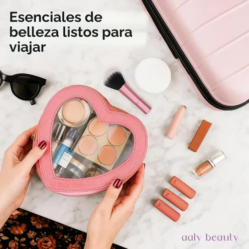 Vista 4 de Bolsa de maquillaje con forma de corazón – Bolsa de cosméticos de corazón rosa con cubierta transparente – Ideas de regalo para mujeres, mamá