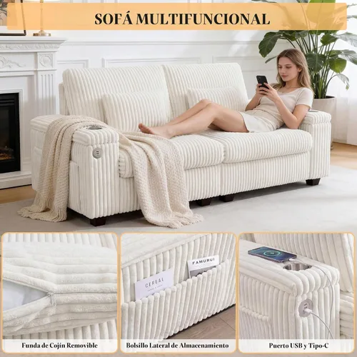 Vista 4 de Sofá biplaza moderno de 91 pulgadas con almacenamiento para sala de estar, sofá de 2 plazas de pana con reposabrazos de almacenamiento, bolsillos